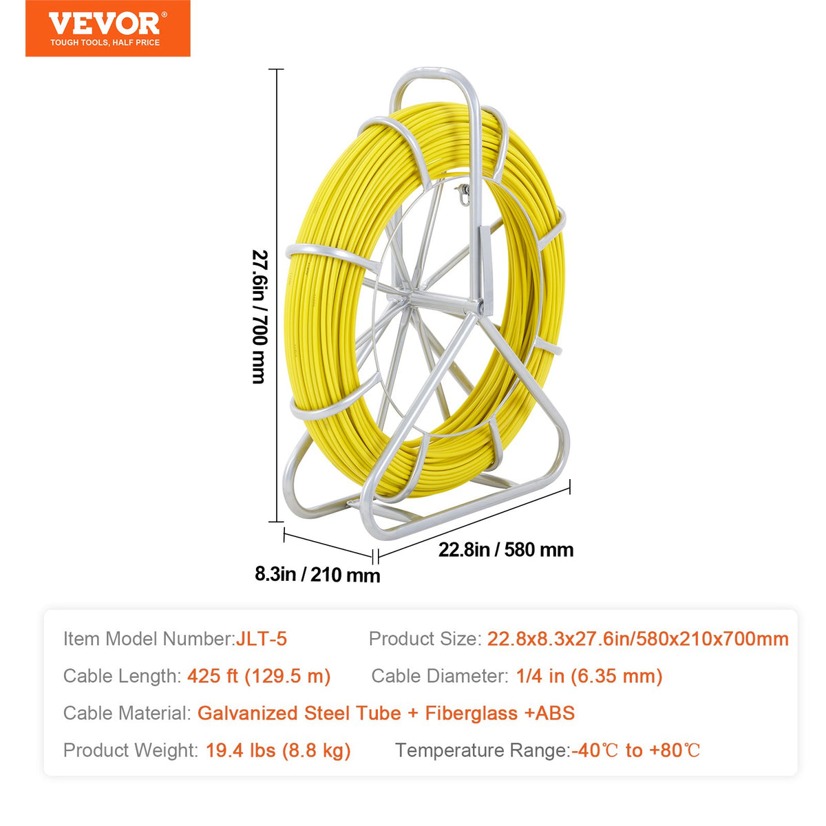 VEVOR Fibreglass Cable Tape 130 m 6 mm with Steel Spool Stand and 3 Pulling Heads