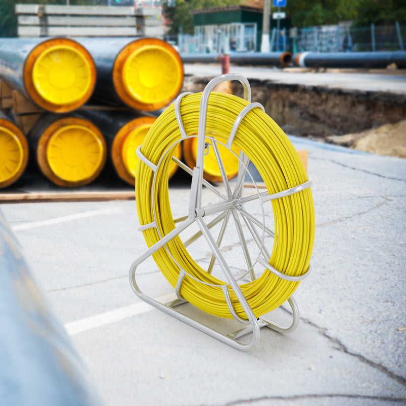 VEVOR stiklašķiedras kabeļu lente 130 m 6 mm ar tērauda spolīšu statīvu un 3 vilkšanas galviņām