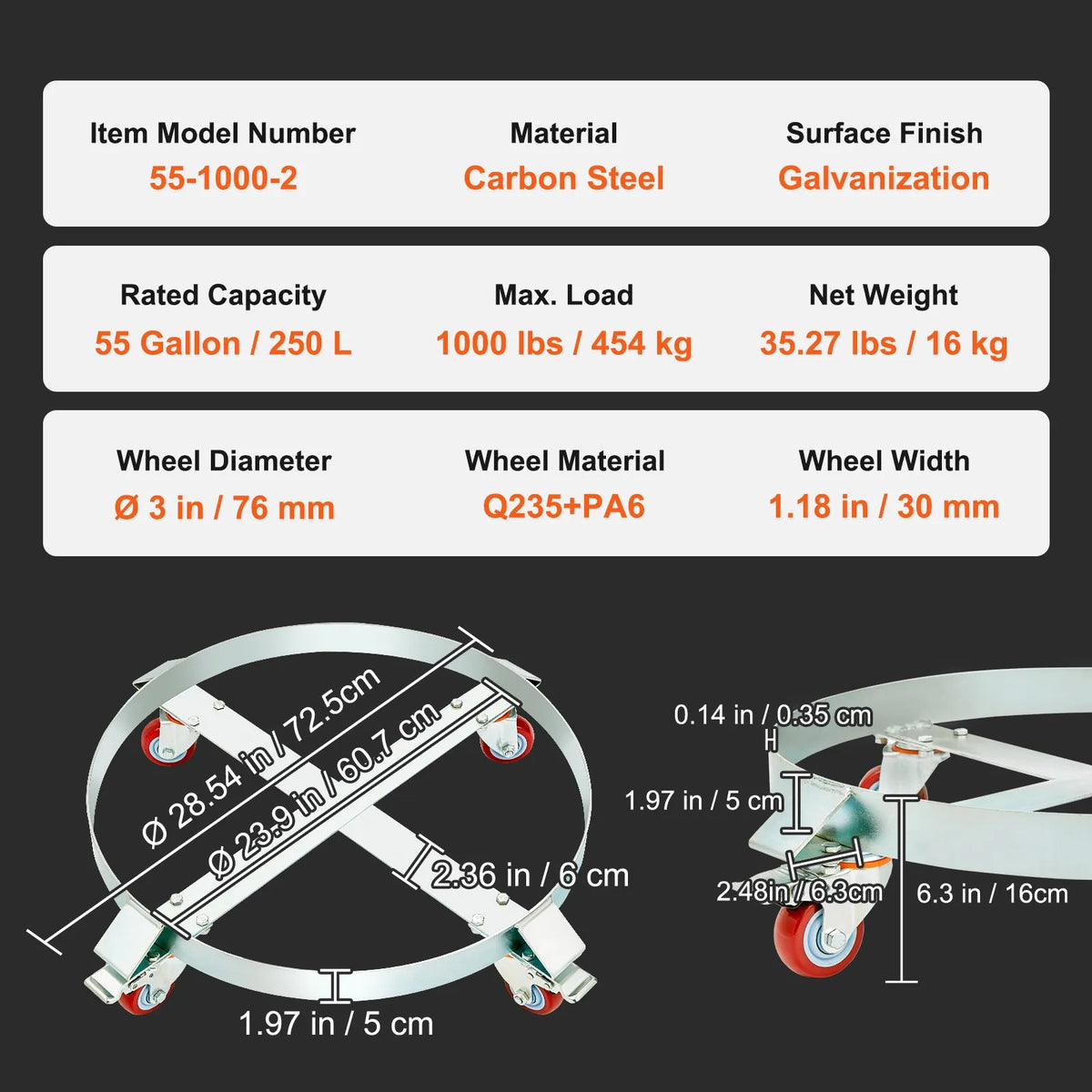 VEVOR 2 pcs Heavy-Duty Drum Handling Platforms 208.2 l with Load Capacity 453.6 kg, Steel Drum Trolley with 4 Swivel Wheels for Drum Transport