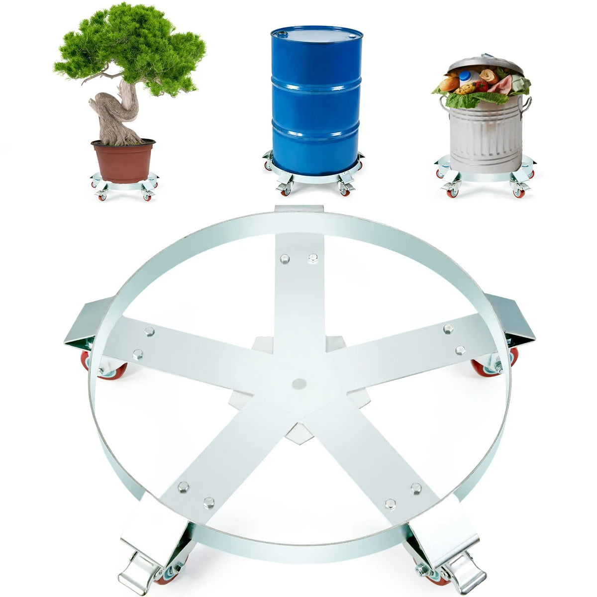 VEVOR Heavy-Duty Drum Dolly, 208.2 L Drums, 567 kg Load Capacity, Steel Drum Transport Platform with 5 Swivel Wheels for Warehouse and Industrial Use