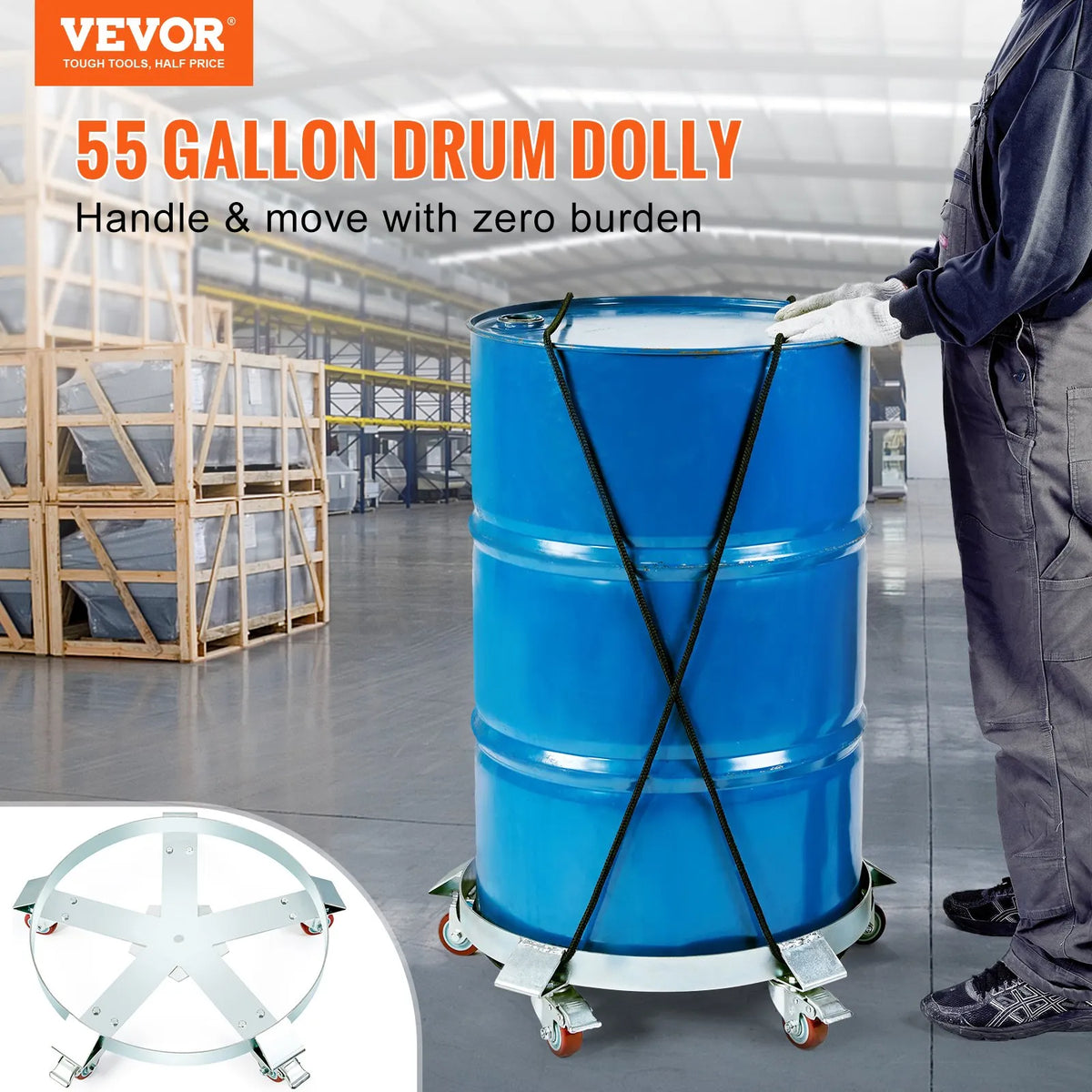 VEVOR Heavy-Duty Drum Dolly, 208.2 L Drums, 567 kg Load Capacity, Steel Drum Transport Platform with 5 Swivel Wheels for Warehouse and Industrial Use