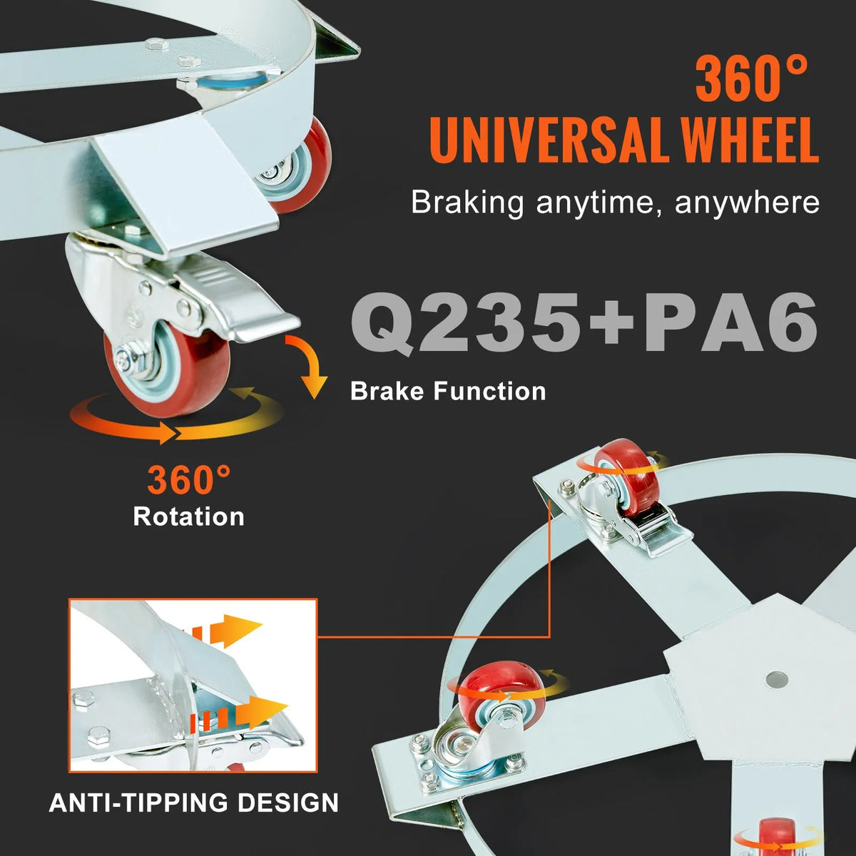 VEVOR Heavy-Duty Drum Dolly, 208.2 L Drums, 567 kg Load Capacity, Steel Drum Transport Platform with 5 Swivel Wheels for Warehouse and Industrial Use