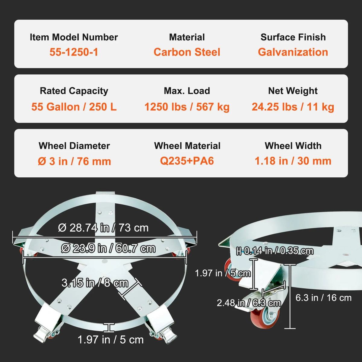 VEVOR Heavy-Duty Drum Dolly, 208.2 L Drums, 567 kg Load Capacity, Steel Drum Transport Platform with 5 Swivel Wheels for Warehouse and Industrial Use