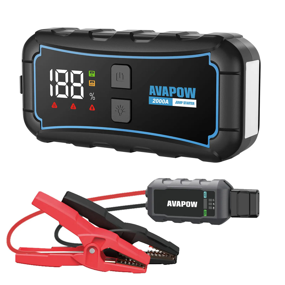 AVAPOW E5 PRO 12 V kaasaskantav autoaku stardiseade, 2000 A, 44,4 Wh, kuni 7-liitristele bensiini- ja 4-liitristele diiselmootoritele, USB-laadimisfunktsiooniga ja LED-taskulambiga