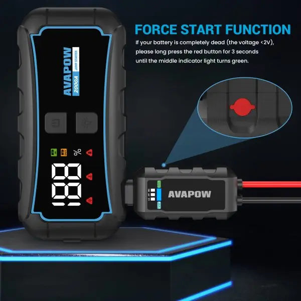 AVAPOW E5 PRO 12 V kaasaskantav autoaku stardiseade, 2000 A, 44,4 Wh, kuni 7-liitristele bensiini- ja 4-liitristele diiselmootoritele, USB-laadimisfunktsiooniga ja LED-taskulambiga