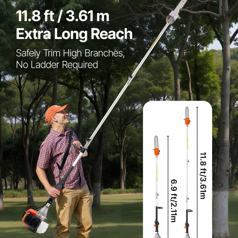 Benzīna teleskopiskais zāģis, 43 cm³ 2-taktu jaudīgs bezvadu zaru zāģis ar 25,4 cm griešanas riepu un rotējamu galvu, pagarināms no 2,1 līdz 3,6 m, piemērots koku un zaru apgriešanai