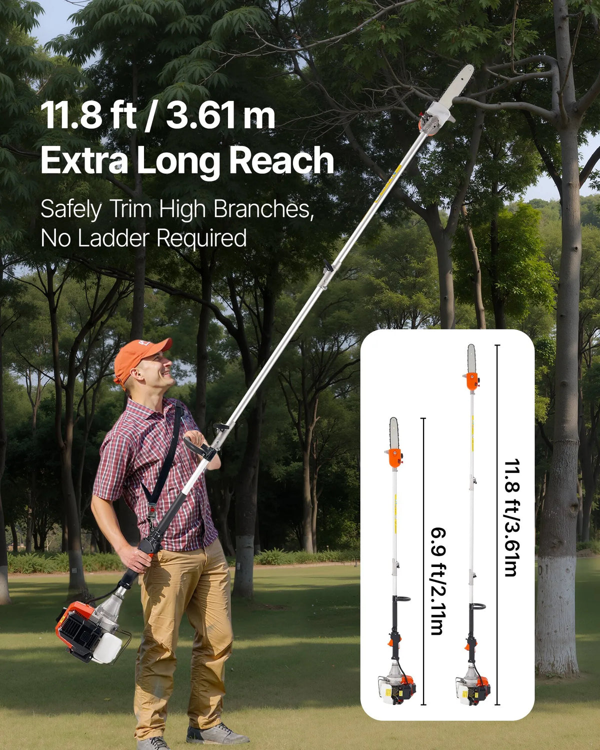 VEVOR Petrol Telescopic Pole Saw 43 cc with 254 mm Bar and Rotating Head, 2.1–3.6 m
