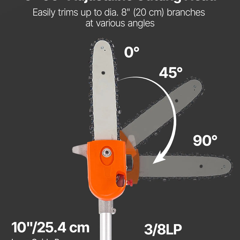 Benzīna teleskopiskais zāģis, 43 cm³ 2-taktu jaudīgs bezvadu zaru zāģis ar 25,4 cm griešanas riepu un rotējamu galvu, pagarināms no 2,1 līdz 3,6 m, piemērots koku un zaru apgriešanai