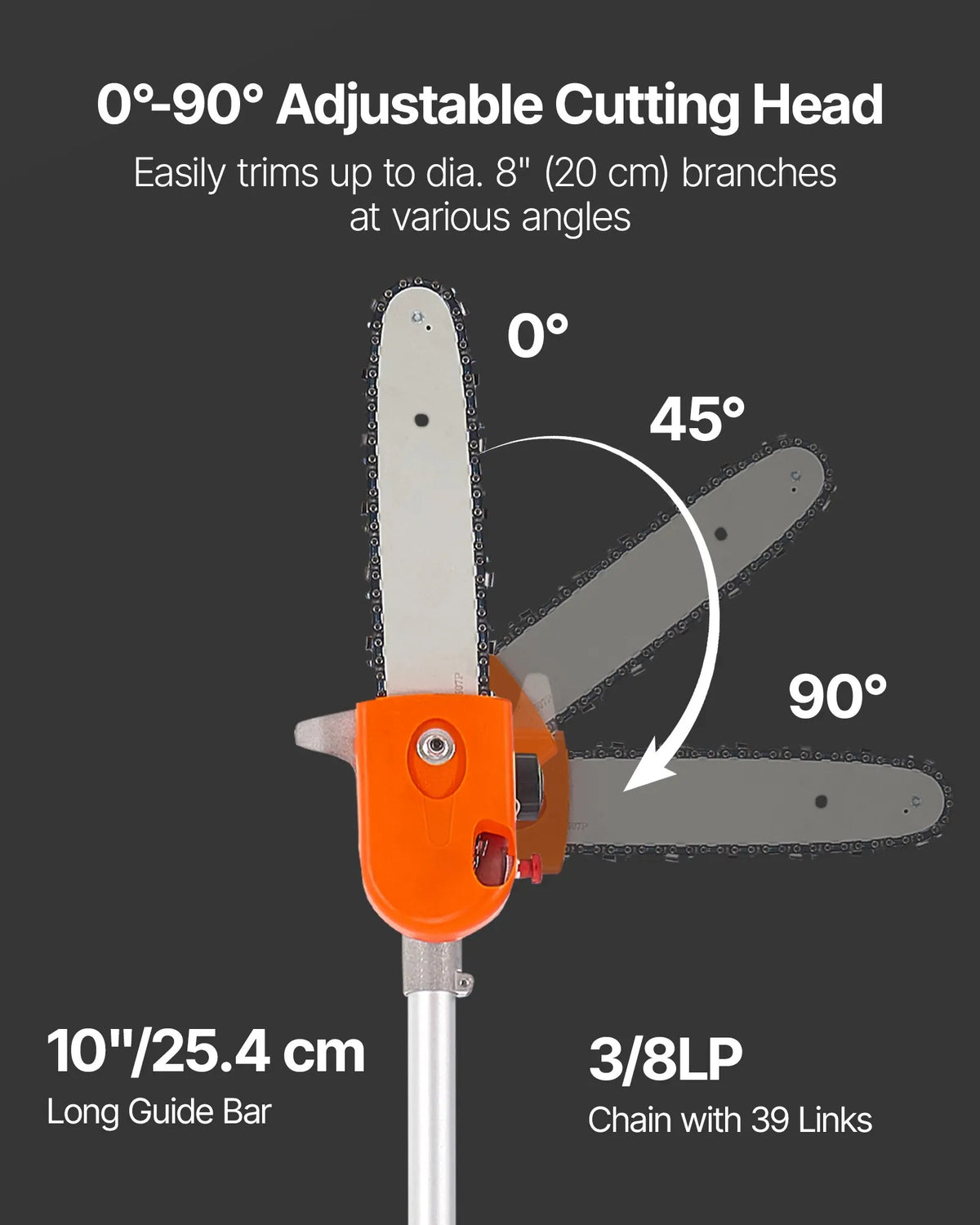 VEVOR Petrol Telescopic Pole Saw 43 cc with 254 mm Bar and Rotating Head, 2.1–3.6 m