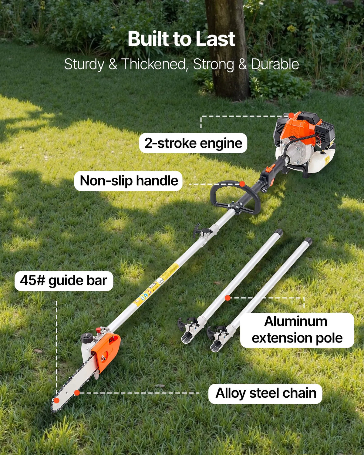 VEVOR Petrol Telescopic Pole Saw 43 cc with 254 mm Bar and Rotating Head, 2.1–3.6 m