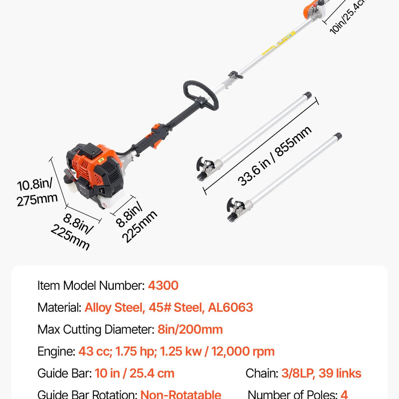 Benzīna teleskopiskais zāģis, 43 cm³ 2-taktu jaudīgs bezvadu zaru zāģis ar 25,4 cm griešanas riepu un rotējamu galvu, pagarināms no 2,1 līdz 3,6 m, piemērots koku un zaru apgriešanai