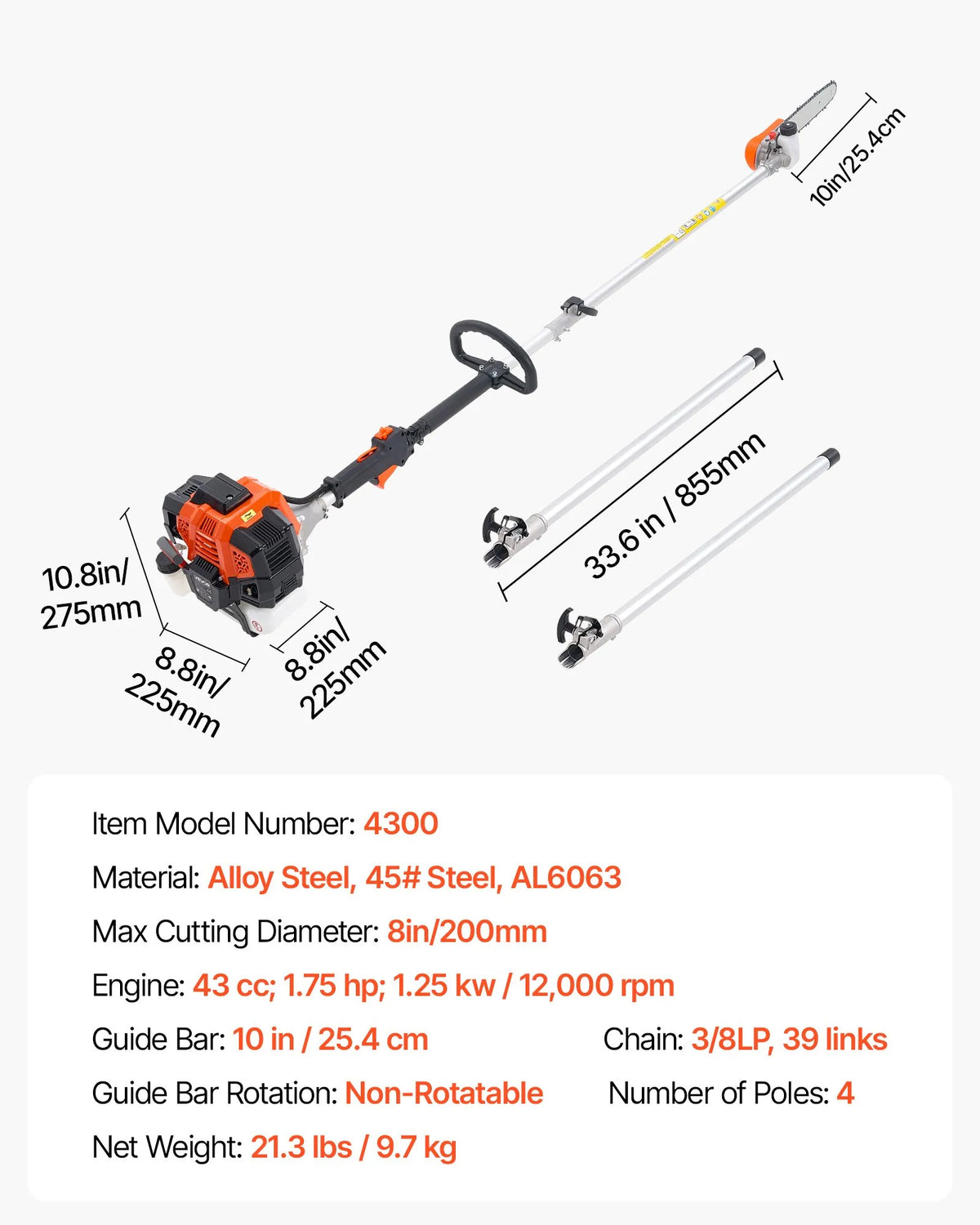 VEVOR Petrol Telescopic Pole Saw 43 cc with 254 mm Bar and Rotating Head, 2.1–3.6 m