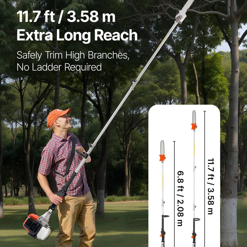 Benzīna teleskopiskais zāģis, 33 cm³ 2-taktu motors, 20,3 cm griešanas sliede, bezvadu koku zaru zāģis ar 850 ml degvielas tvertni, 2,08–3,58 m regulējams garums, jaudīgs motorzāģis zaru apgriešanai