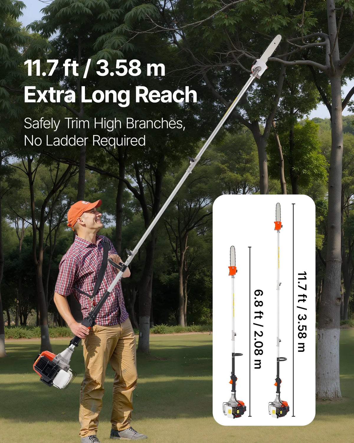 VEVOR petrol telescopic pole saw 33 cm³ with 203 mm bar, 2.08–3.58 m
