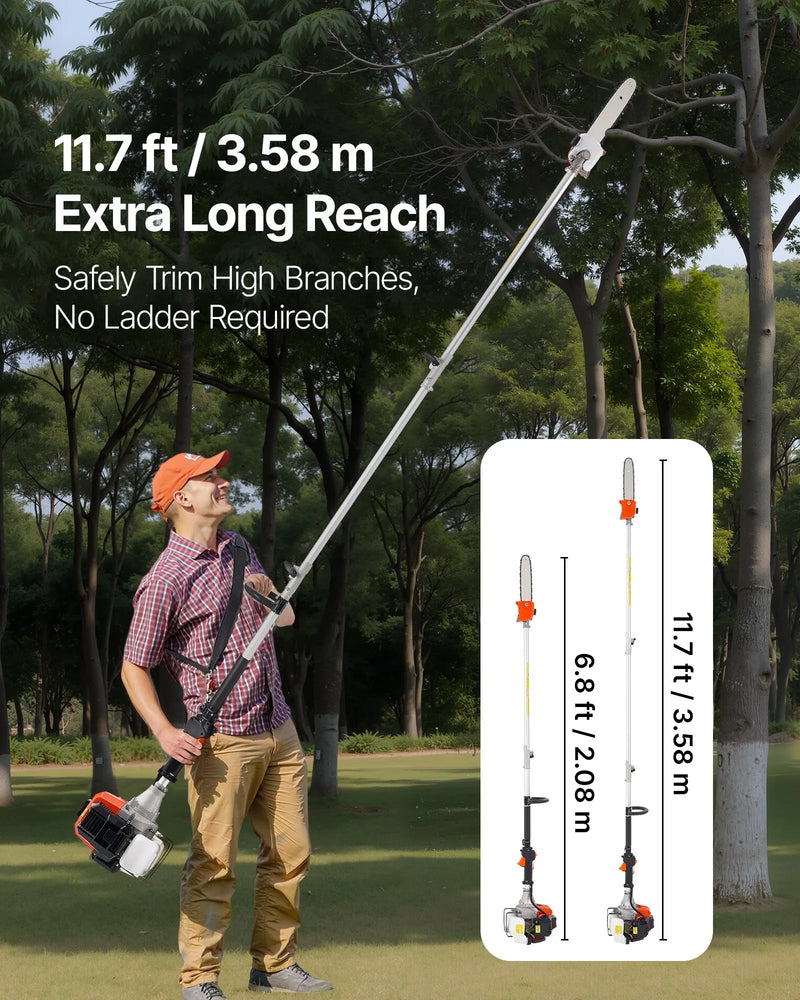 Benzīna teleskopiskais zāģis, 33 cm³ 2-taktu motors, 20,3 cm griešanas sliede, bezvadu koku zaru zāģis ar 850 ml degvielas tvertni, 2,08–3,58 m regulējams garums, jaudīgs motorzāģis zaru apgriešanai