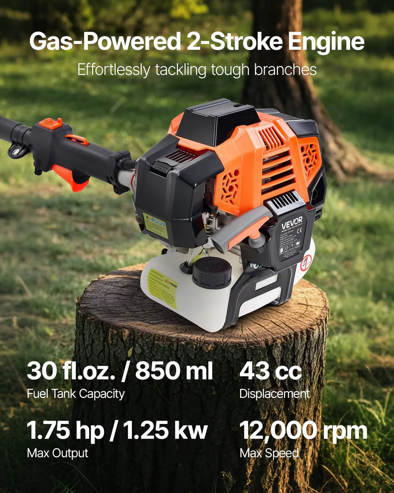 Benzīna teleskopiskais zāģis, 33 cm³ 2-taktu motors, 20,3 cm griešanas sliede, bezvadu koku zaru zāģis ar 850 ml degvielas tvertni, 2,08–3,58 m regulējams garums, jaudīgs motorzāģis zaru apgriešanai