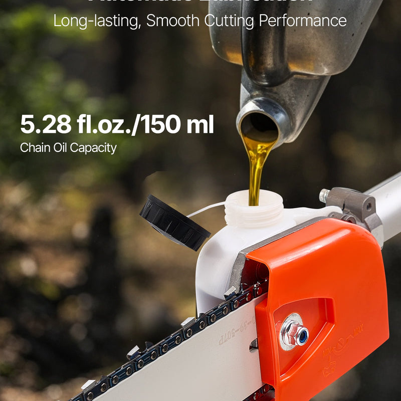 Benzīna teleskopiskais zāģis, 33 cm³ 2-taktu motors, 20,3 cm griešanas sliede, bezvadu koku zaru zāģis ar 850 ml degvielas tvertni, 2,08–3,58 m regulējams garums, jaudīgs motorzāģis zaru apgriešanai