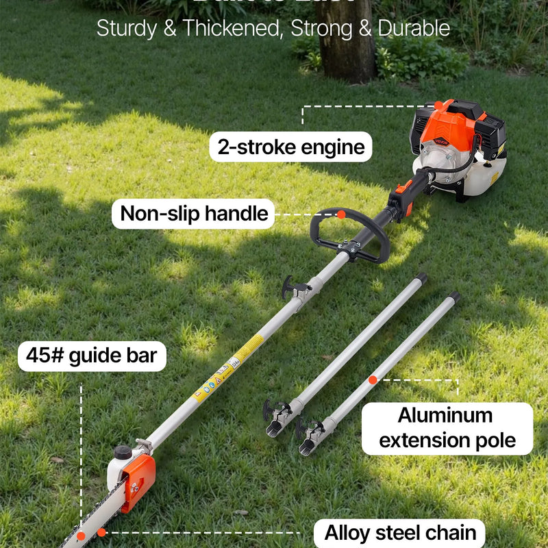 Benzīna teleskopiskais zāģis, 33 cm³ 2-taktu motors, 20,3 cm griešanas sliede, bezvadu koku zaru zāģis ar 850 ml degvielas tvertni, 2,08–3,58 m regulējams garums, jaudīgs motorzāģis zaru apgriešanai