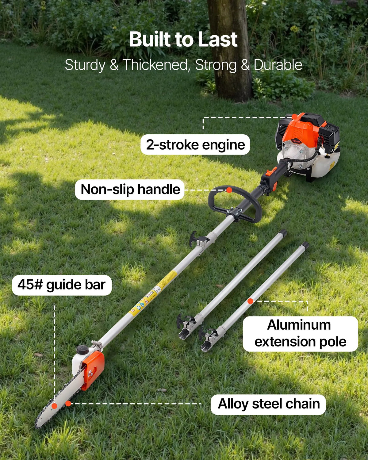 VEVOR petrol telescopic pole saw 33 cm³ with 203 mm bar, 2.08–3.58 m