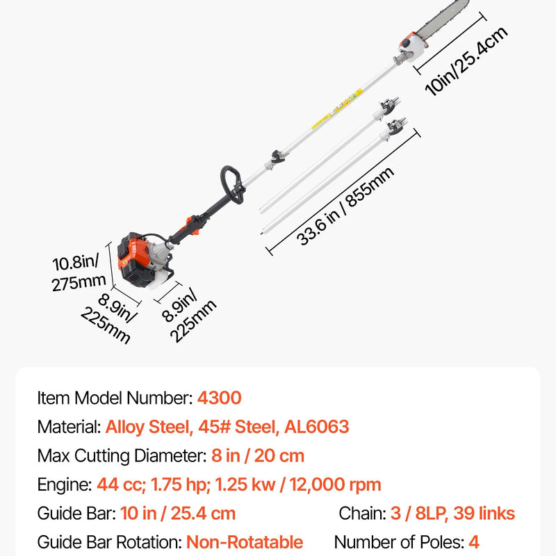 Benzīna teleskopiskais zāģis, 33 cm³ 2-taktu motors, 20,3 cm griešanas sliede, bezvadu koku zaru zāģis ar 850 ml degvielas tvertni, 2,08–3,58 m regulējams garums, jaudīgs motorzāģis zaru apgriešanai