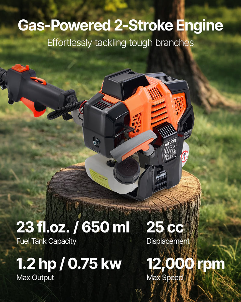 Benzīna teleskopiskais zāģis, 25 cm³ 2-taktu jaudīgs bezvadu zaru zāģis ar 30,5 cm griešanas riepu, 650 ml degvielas tvertni, pagarināms no 2,12 līdz 3,62 m, piemērots koku un zaru apgriešanai