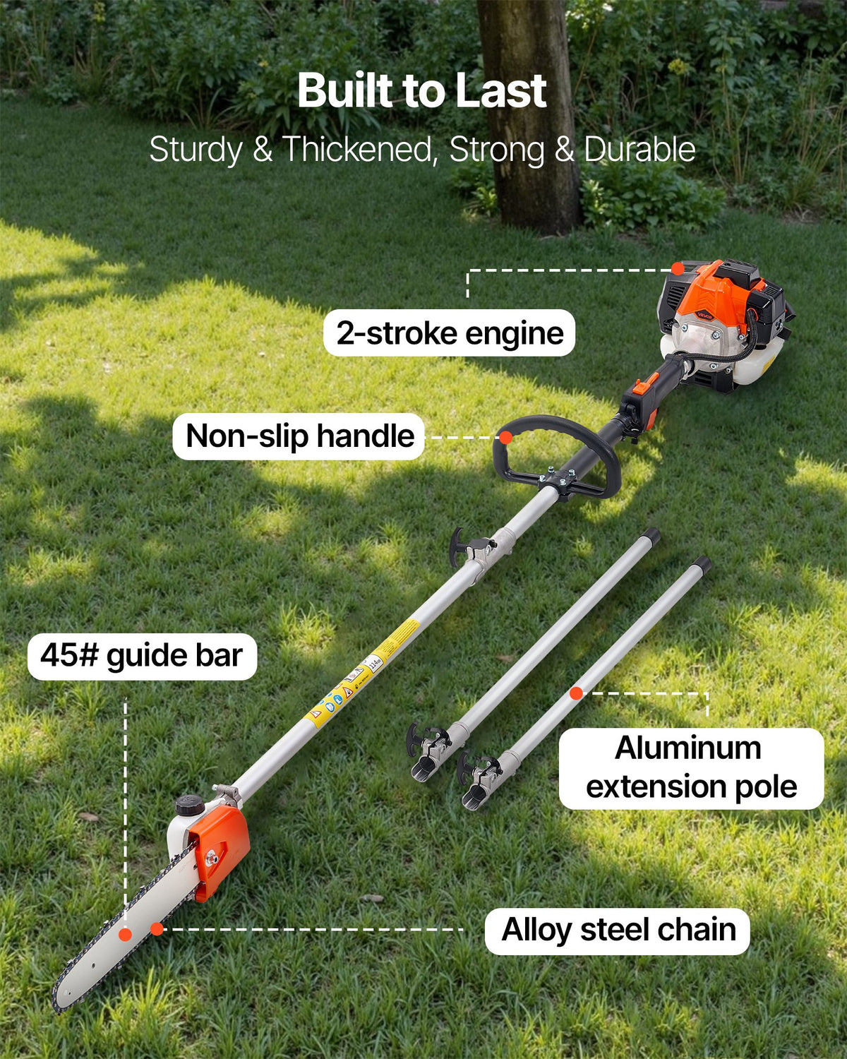 VEVOR petrol telescopic pole saw 25 cm³ with 305 mm bar, 2.12–3.62 m