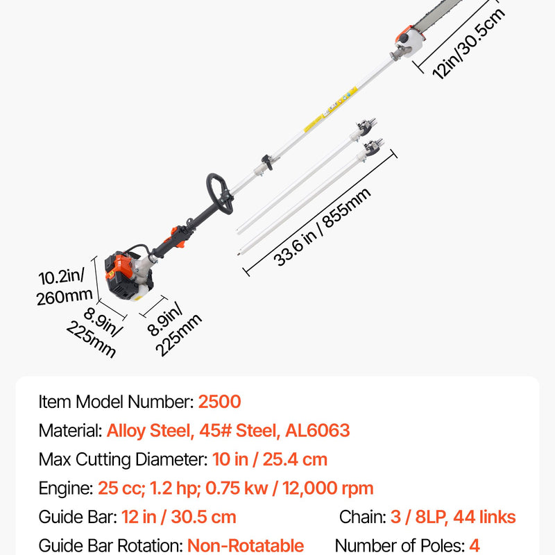 Benzīna teleskopiskais zāģis, 25 cm³ 2-taktu jaudīgs bezvadu zaru zāģis ar 30,5 cm griešanas riepu, 650 ml degvielas tvertni, pagarināms no 2,12 līdz 3,62 m, piemērots koku un zaru apgriešanai
