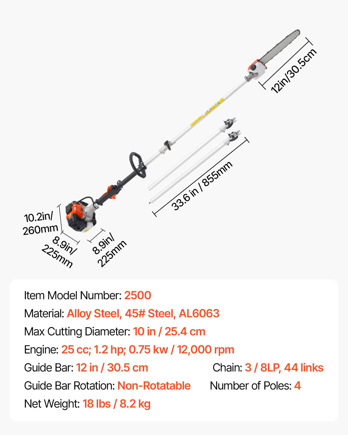 VEVOR petrol telescopic pole saw 25 cm³ with 305 mm bar, 2.12–3.62 m