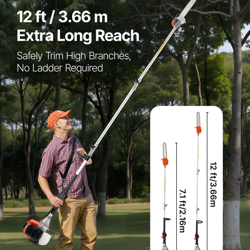 Benzīna teleskopiskais zāģis, 43 cm³ 2-taktu jaudīgs bezvadu zaru zāģis ar 30,48 cm griešanas riepu un rotējamu galvu, pagarināms no 2,16 līdz 3,66 m, piemērots koku un zaru apgriešanai