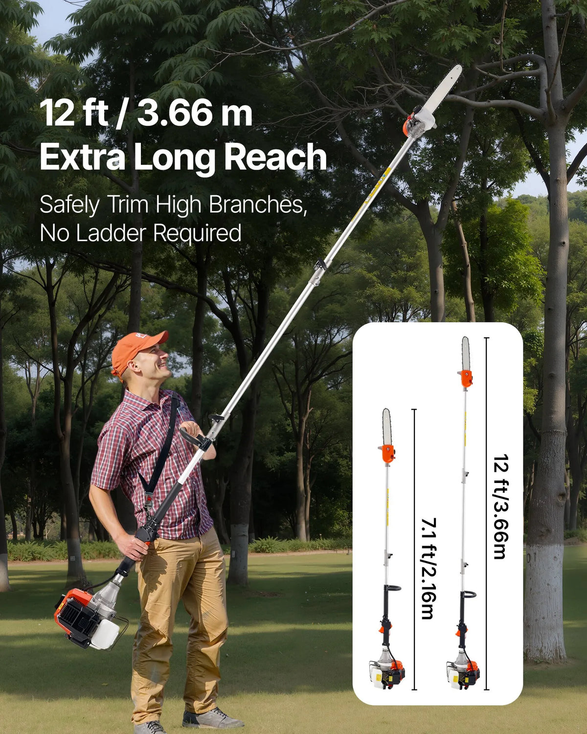 VEVOR Petrol Telescopic Pole Saw 43 cm³ with 305 mm Guide Bar and Rotating Head, 2.16–3.66 m