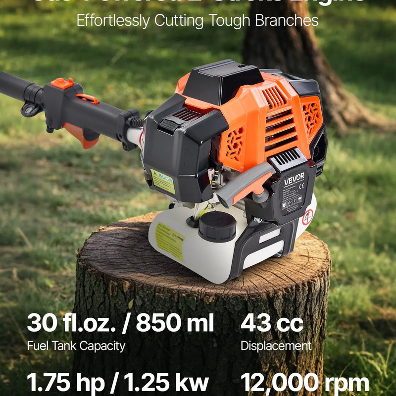 Benzīna teleskopiskais zāģis, 43 cm³ 2-taktu jaudīgs bezvadu zaru zāģis ar 30,48 cm griešanas riepu un rotējamu galvu, pagarināms no 2,16 līdz 3,66 m, piemērots koku un zaru apgriešanai