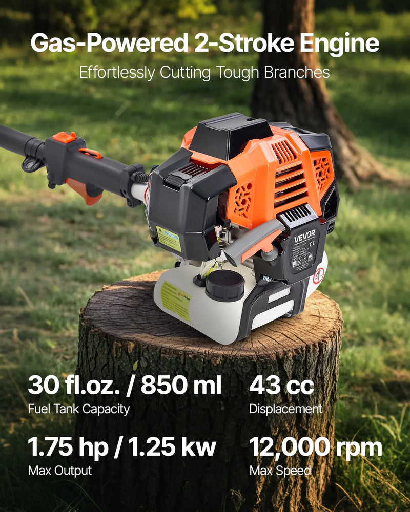 Benzīna teleskopiskais zāģis, 43 cm³ 2-taktu jaudīgs bezvadu zaru zāģis ar 30,48 cm griešanas riepu un rotējamu galvu, pagarināms no 2,16 līdz 3,66 m, piemērots koku un zaru apgriešanai