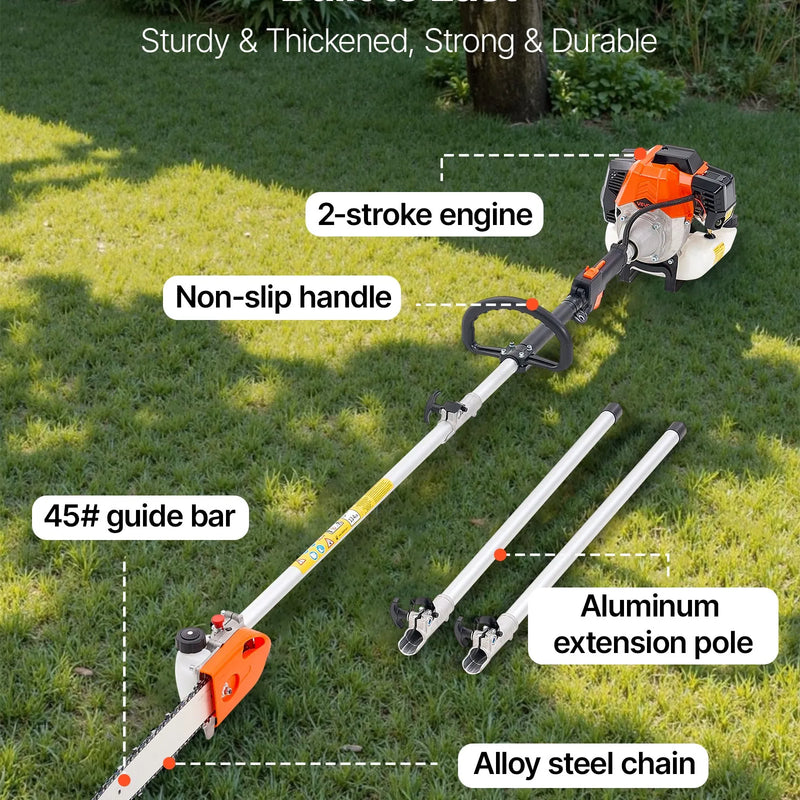 Benzīna teleskopiskais zāģis, 43 cm³ 2-taktu jaudīgs bezvadu zaru zāģis ar 30,48 cm griešanas riepu un rotējamu galvu, pagarināms no 2,16 līdz 3,66 m, piemērots koku un zaru apgriešanai