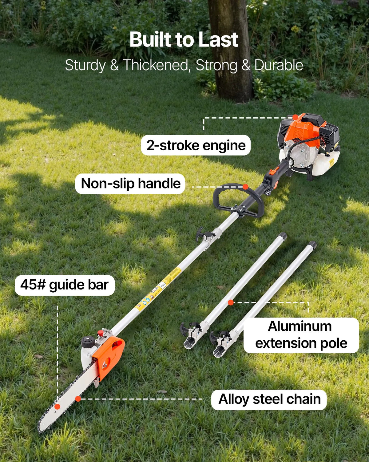 VEVOR Petrol Telescopic Pole Saw 43 cm³ with 305 mm Guide Bar and Rotating Head, 2.16–3.66 m