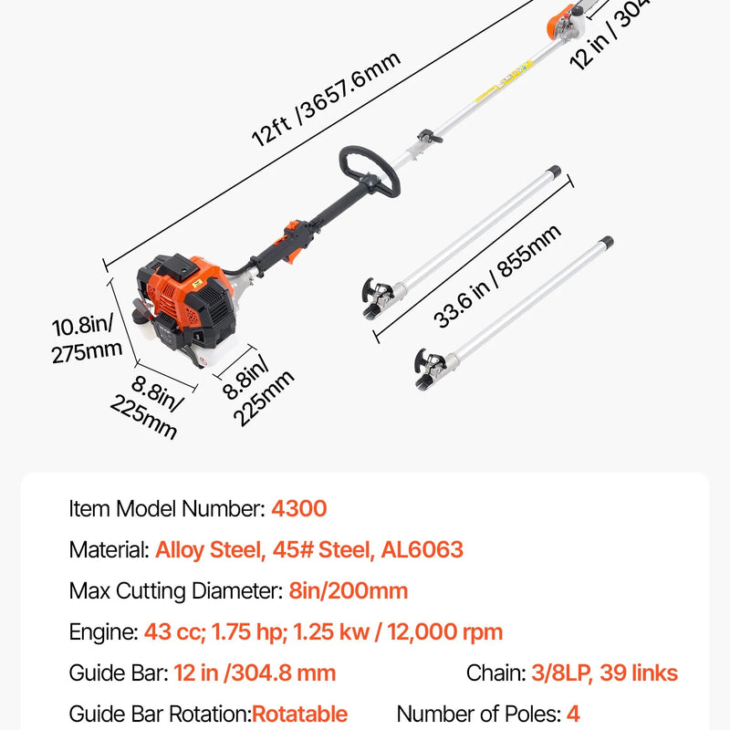 Benzīna teleskopiskais zāģis, 43 cm³ 2-taktu jaudīgs bezvadu zaru zāģis ar 30,48 cm griešanas riepu un rotējamu galvu, pagarināms no 2,16 līdz 3,66 m, piemērots koku un zaru apgriešanai