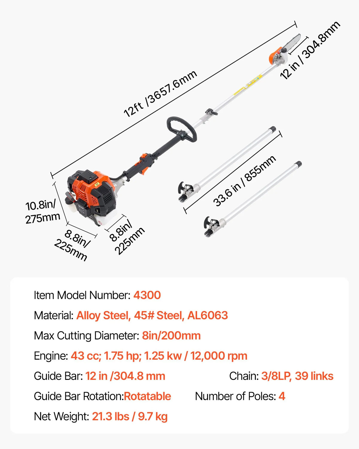 VEVOR Petrol Telescopic Pole Saw 43 cm³ with 305 mm Guide Bar and Rotating Head, 2.16–3.66 m