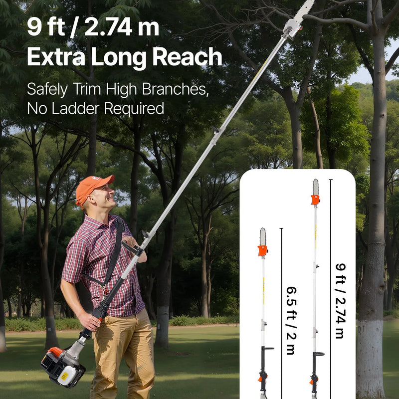 Benzīna teleskopiskais motorzāģis 25 cm³, 2-taktu, ar 20,3 cm griešanas asmeni un 650 ml degvielas tvertni, garums 2–2,74 m, koku un zaru apgriešanai