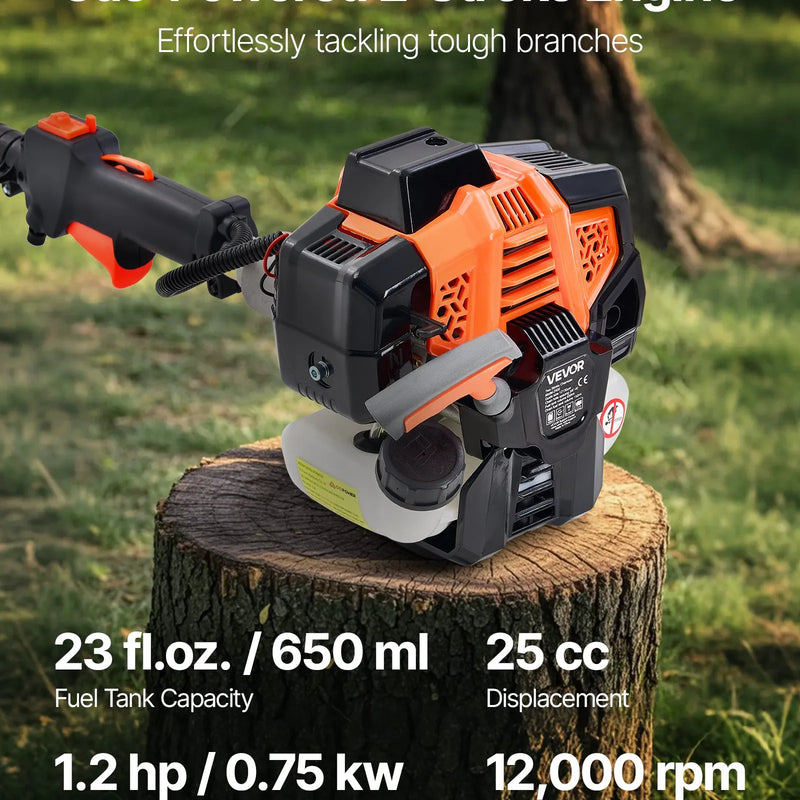 Benzīna teleskopiskais motorzāģis 25 cm³, 2-taktu, ar 20,3 cm griešanas asmeni un 650 ml degvielas tvertni, garums 2–2,74 m, koku un zaru apgriešanai