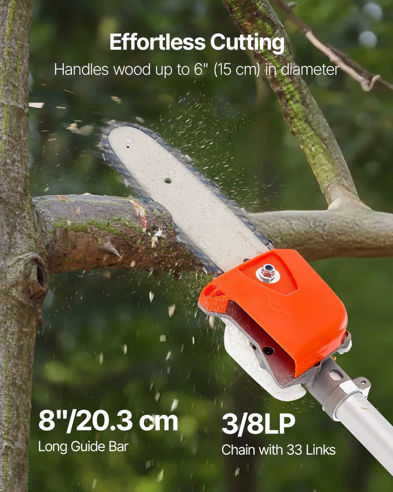 Benzīna teleskopiskais motorzāģis 25 cm³, 2-taktu, ar 20,3 cm griešanas asmeni un 650 ml degvielas tvertni, garums 2–2,74 m, koku un zaru apgriešanai