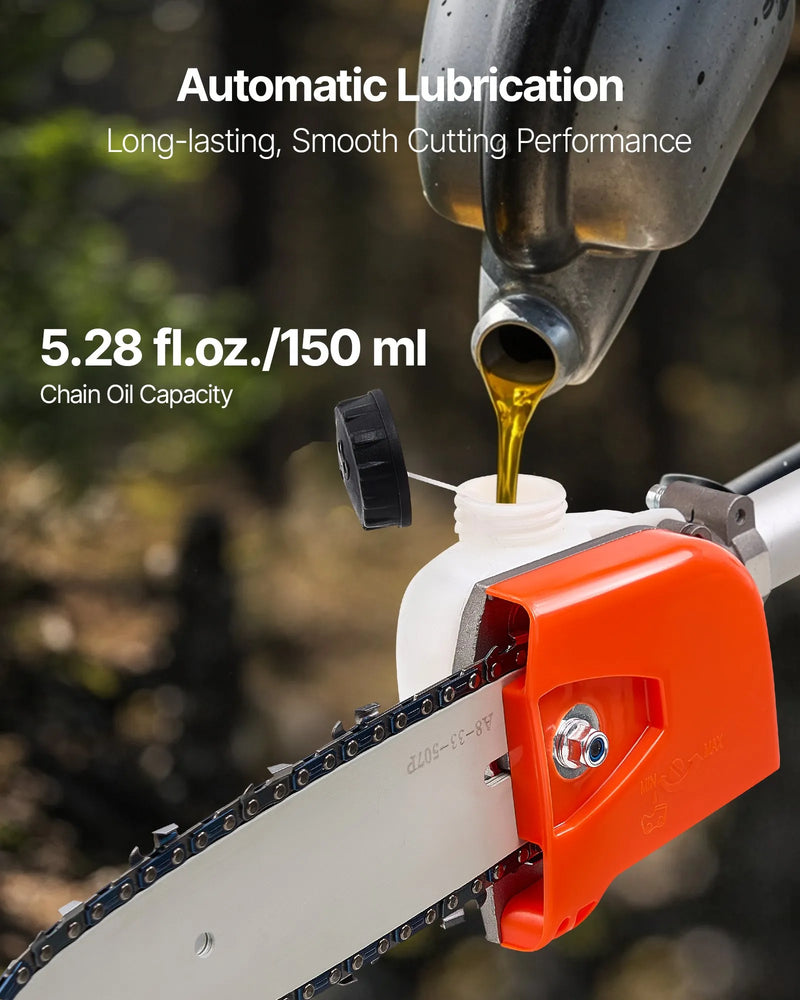 Benzīna teleskopiskais motorzāģis 25 cm³, 2-taktu, ar 20,3 cm griešanas asmeni un 650 ml degvielas tvertni, garums 2–2,74 m, koku un zaru apgriešanai