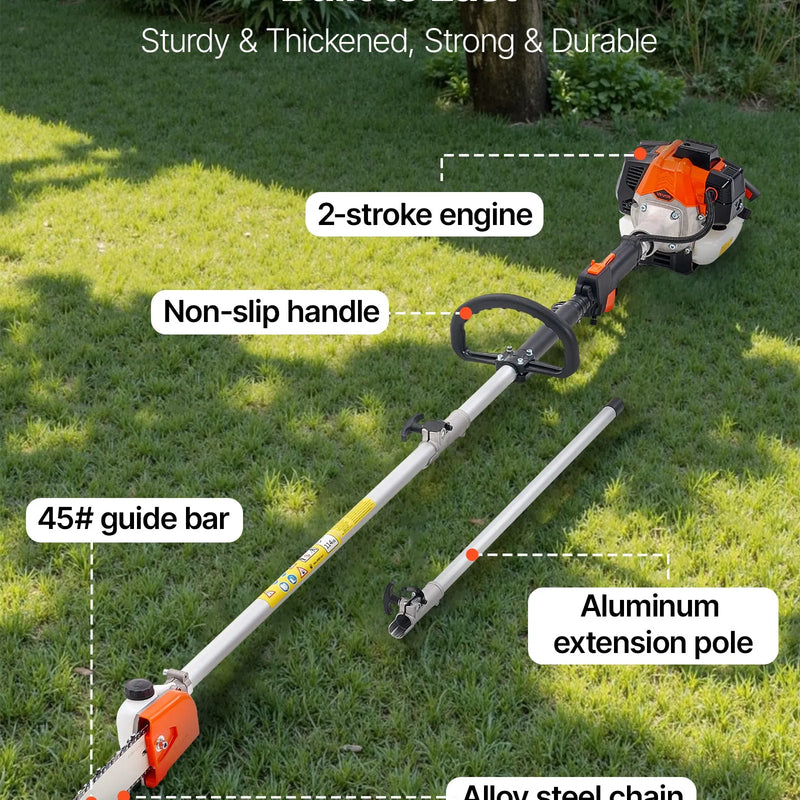 Benzīna teleskopiskais motorzāģis 25 cm³, 2-taktu, ar 20,3 cm griešanas asmeni un 650 ml degvielas tvertni, garums 2–2,74 m, koku un zaru apgriešanai