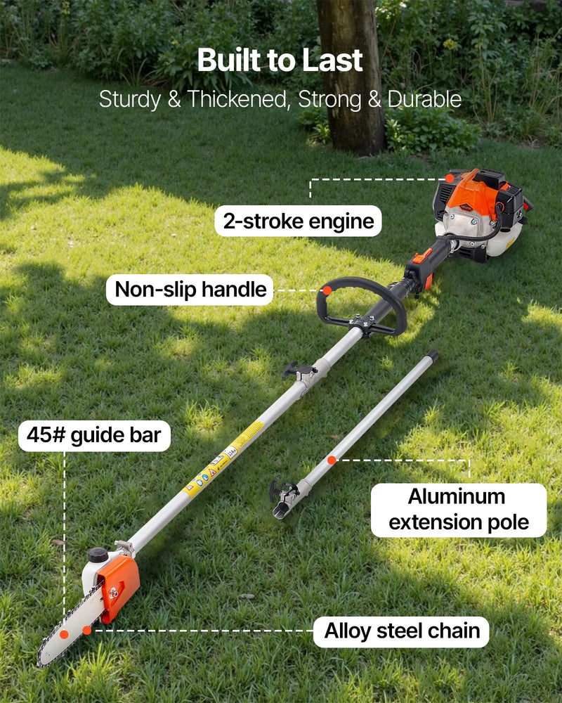 Benzīna teleskopiskais motorzāģis 25 cm³, 2-taktu, ar 20,3 cm griešanas asmeni un 650 ml degvielas tvertni, garums 2–2,74 m, koku un zaru apgriešanai