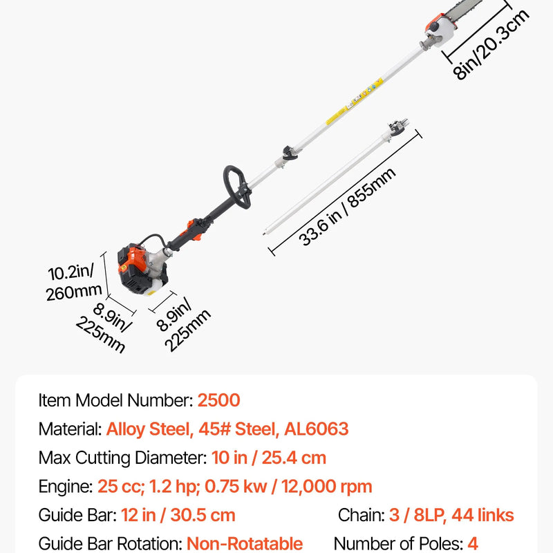 Benzīna teleskopiskais motorzāģis 25 cm³, 2-taktu, ar 20,3 cm griešanas asmeni un 650 ml degvielas tvertni, garums 2–2,74 m, koku un zaru apgriešanai