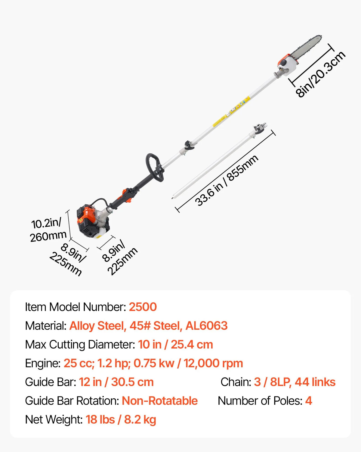 VEVOR Petrol Telescopic Pole Saw 25 cm³ with 203 mm Bar, 2–2.74 m