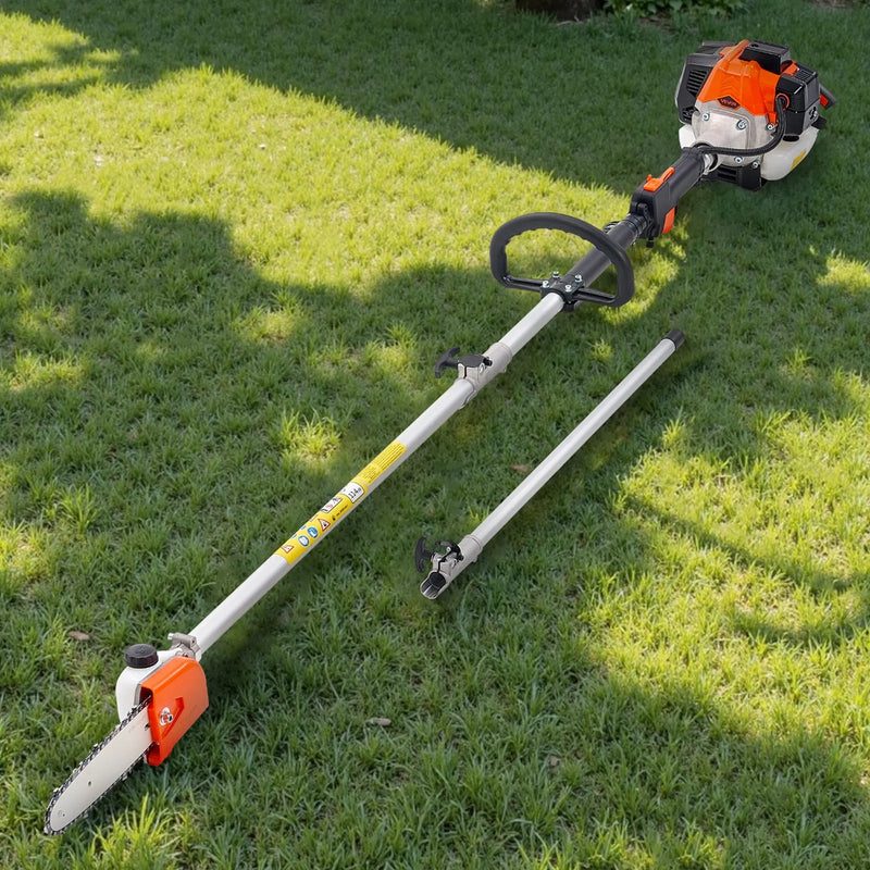 Benzīna teleskopiskais motorzāģis 25 cm³, 2-taktu, ar 20,3 cm griešanas asmeni un 650 ml degvielas tvertni, garums 2–2,74 m, koku un zaru apgriešanai