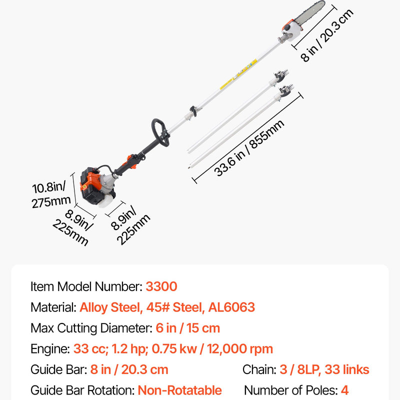 Benzīna teleskopiskais zāģis, 33 cm³ 2-taktu bezvadu motorzāģis ar 20,3 cm griešanas asmeni, 850 ml degvielas tvertni, pagarināms no 2 līdz 3,5 m, jaudīgs zāģis koku zaru apgriešanai un kopšanai