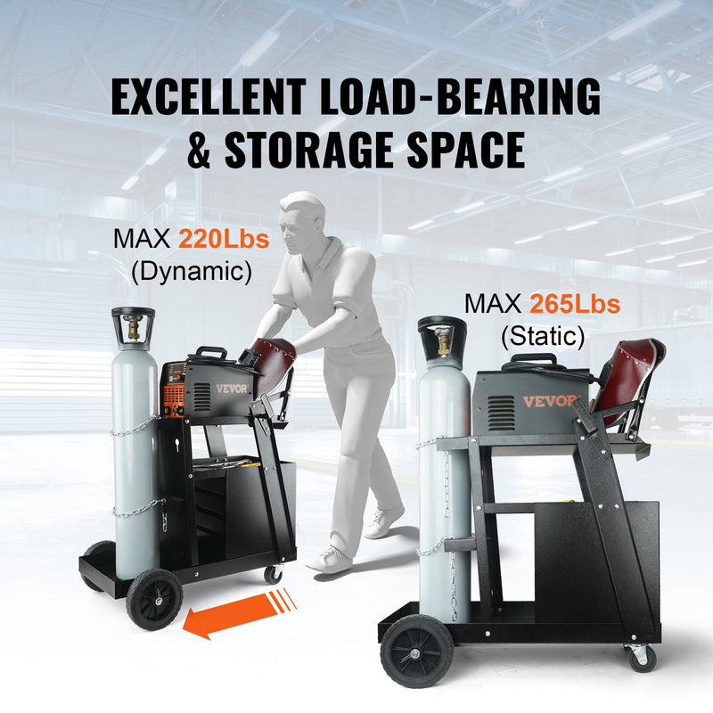 VEVOR Metināšanas Grozs, 2 Slāņi, 4 Atvilktnes, 120 kg Slodzes Iespēja, 360° Rotējoši Riteņi, Gāzes Balonu Drošības Ķēdes