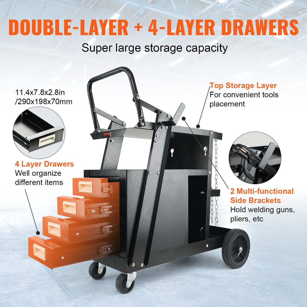 VEVOR Welding Cart 2-Tier with 4 Drawers, 120 kg Capacity, with Cylinder Chains