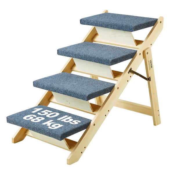 VEVOR Koka mājdzīvnieku kāpnes/pakāpieni ar 4 pakāpieniem, 2-in-1 salokāmas suņu kāpnes, līdz 68 kg