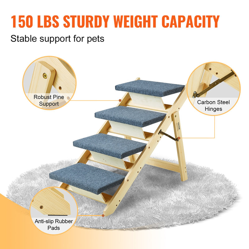 VEVOR Koka mājdzīvnieku kāpnes/pakāpieni ar 4 pakāpieniem, 2-in-1 salokāmas suņu kāpnes, līdz 68 kg
